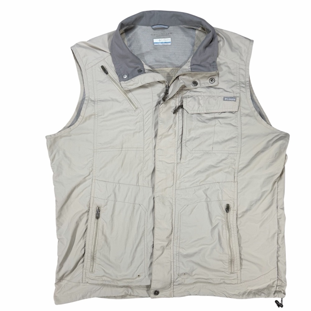 Columbia Mens XXL Vest Full Zip Beige Nylon Outdoor Utility Sleeveless Jacket